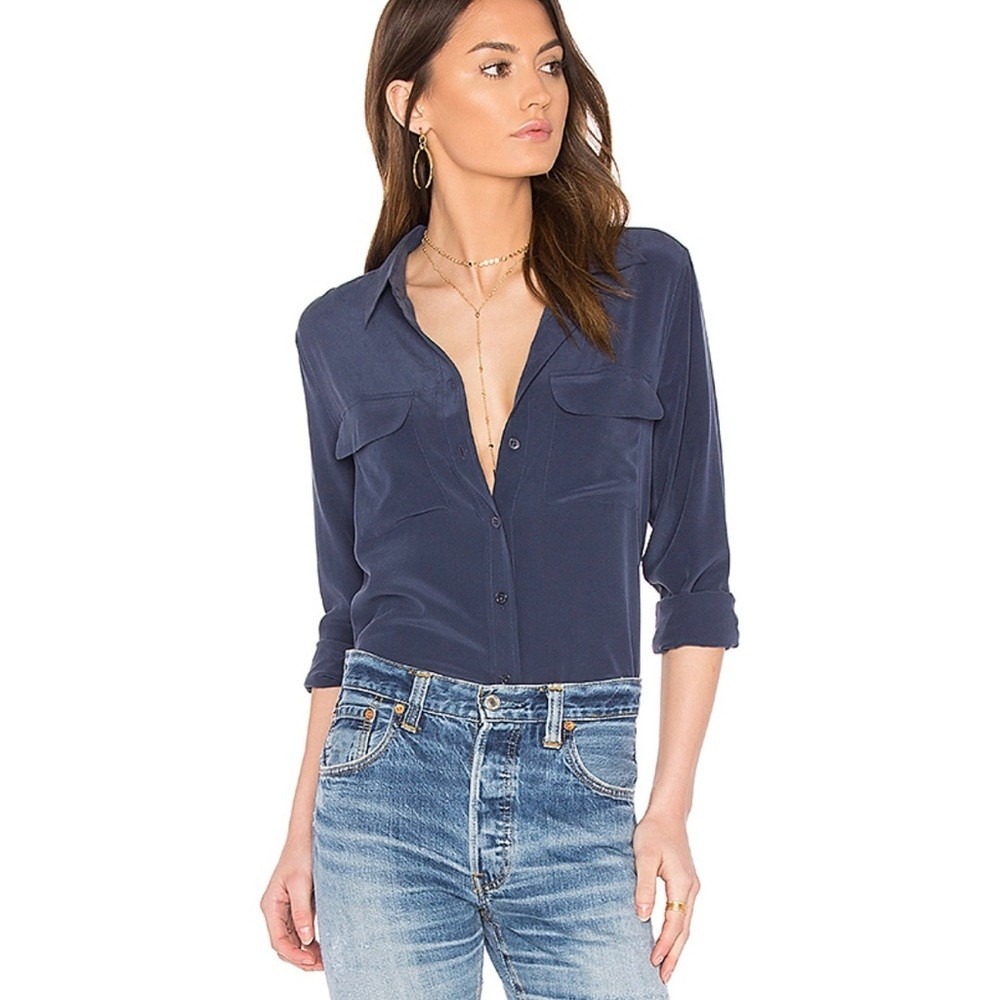 Equipment Silk Button Down Women Medium Navy Blue Signature Slim Fit Blouse
